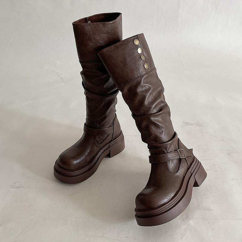 Autumn and winter western cowboy wasteland wind long high boots children thick-soled leather boots pile boots two wear knight boots