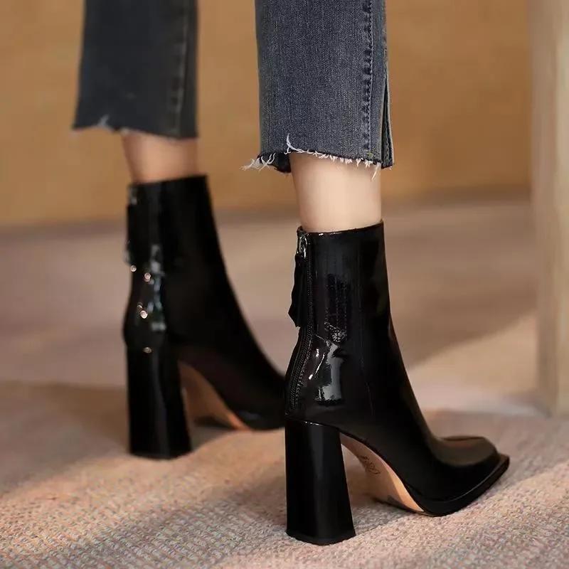Fashion Female Shoes 2024 High Quality Ankle Women's Boots Elegant Modern Boots Women Sewing Square Toe High Heels Back Zip Shoes Women