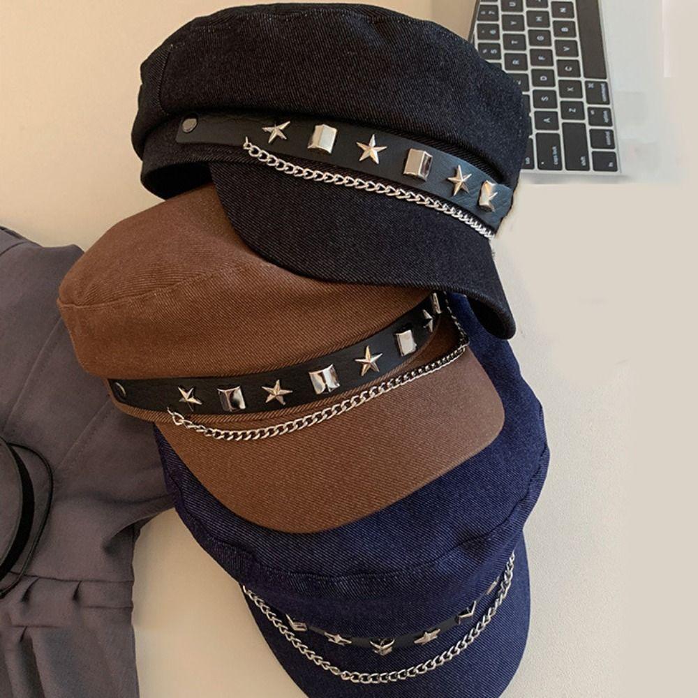 British Style Denim Octagonal Hat Korean Style Retro Painter Hat Casual Rivet Denim Beret  Girl