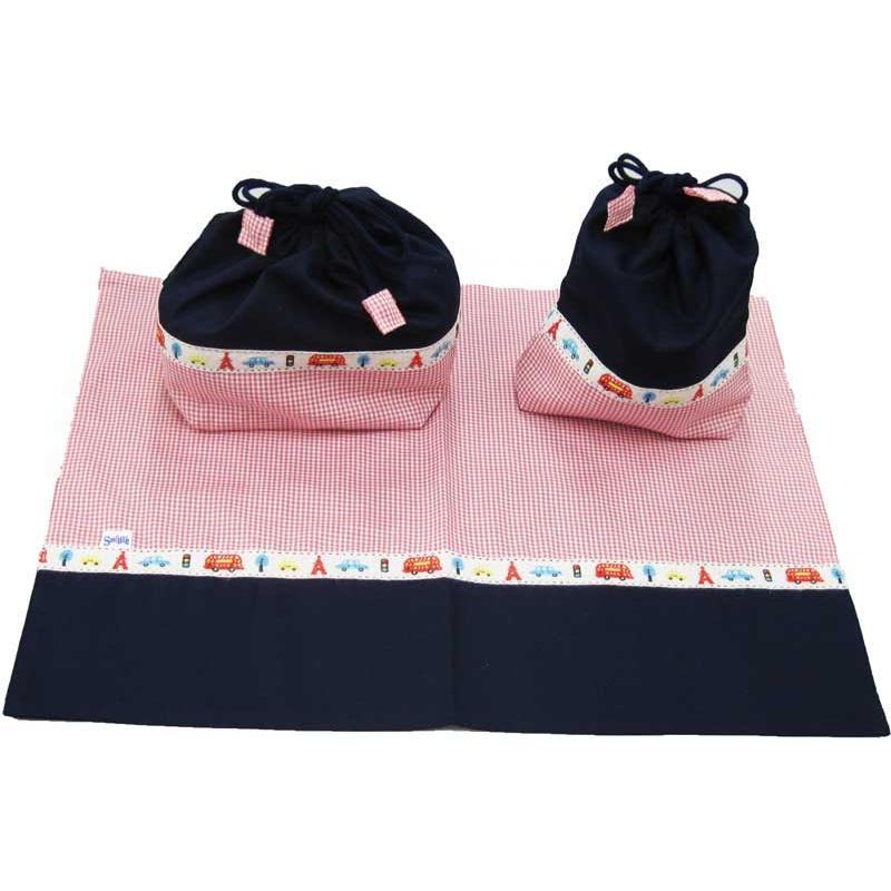 3-piece lunch set (dark blue x red check Tyrolean pattern) lunch bag, placemat, cup holder, school lunch, kindergarten, kindergarten, nursery school,