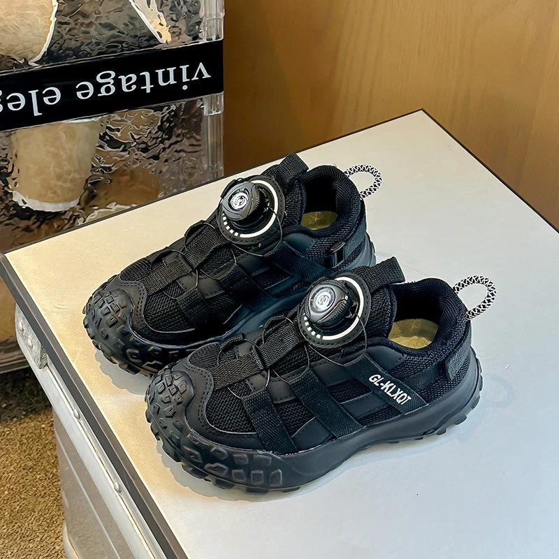 Students Running Shoes Thick Soft Sole Kids Sports Shoes with Rotating Buttons 2024 New Boys Girls Sneakers Non-slip Toes Capped