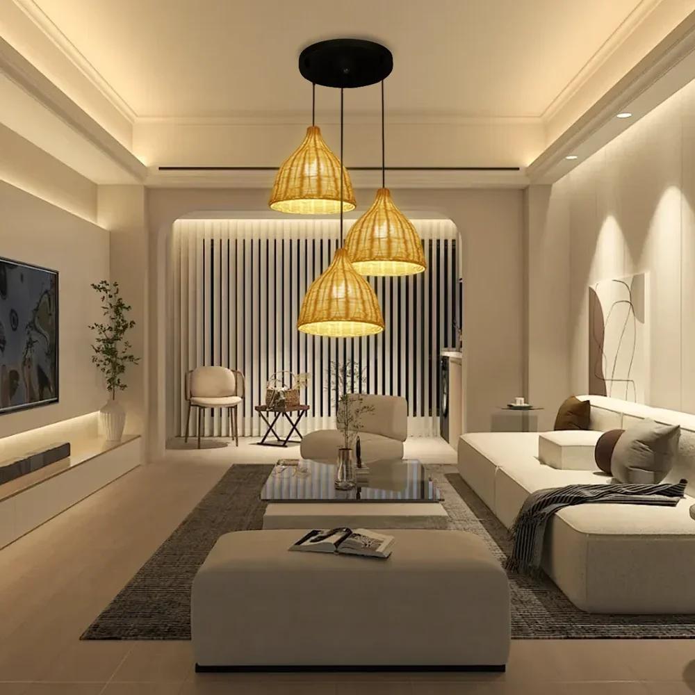 Modern Natural Materials Rattan Lamp Basket Light Fixture Home Decor Chandelier Pendant Lights for Farmhouse