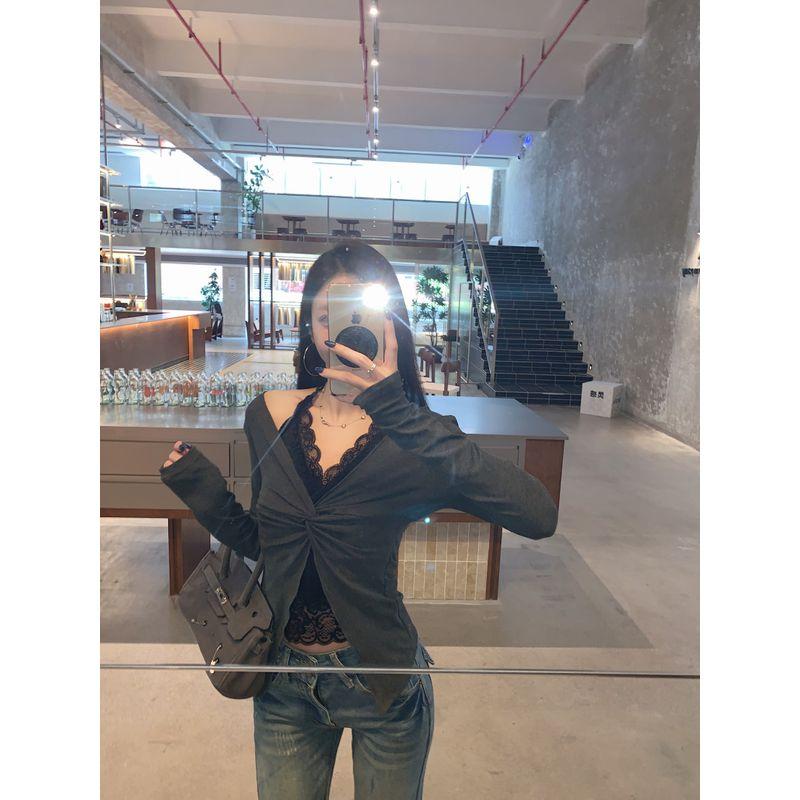 Kumikumi Pure Desire Style Lace Patchwork Fake Two-Piece Long Sleeves T-shirt Women's Autumn Waist Twist Easiest for Match Tops