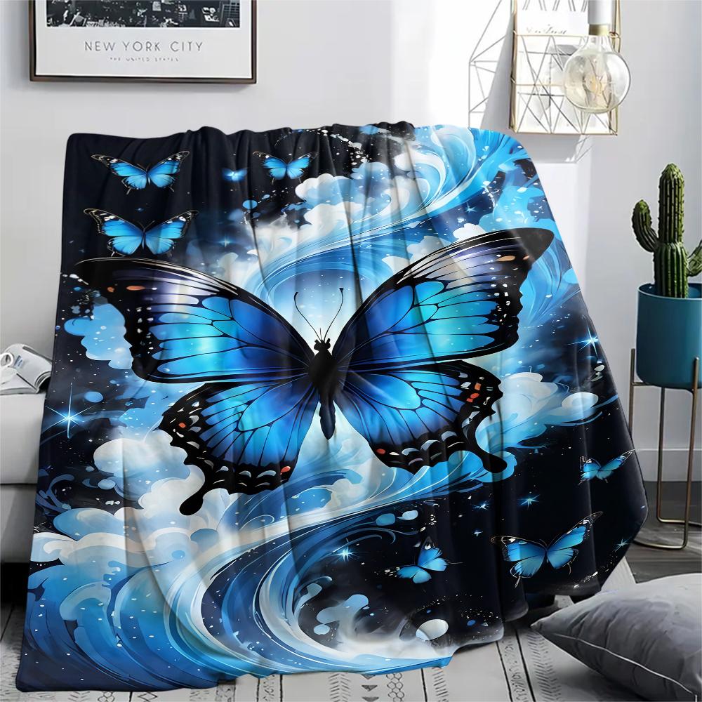 1Pc Blue Butterflies Print Flannel Blanket, High Quality Comfortable for All Seasons, Home Decor, Warmth and Comfort, Perfect for Christmas Gifts