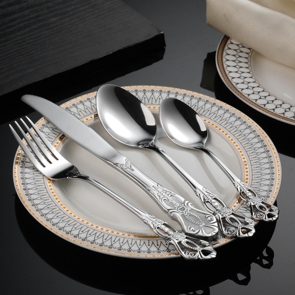16Pcs Vintage Royal Court Cutlery Sets Embossed Design Stainless Steel Kitchen Flatware Set Smooth Edges Fork Spoon Set Dessert