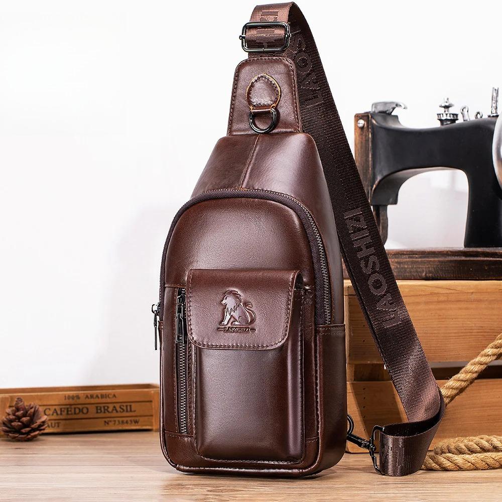 New Men's bag luxury large capacity chest bag for mobile phones and iPads, leather brand shoulder bag for travel