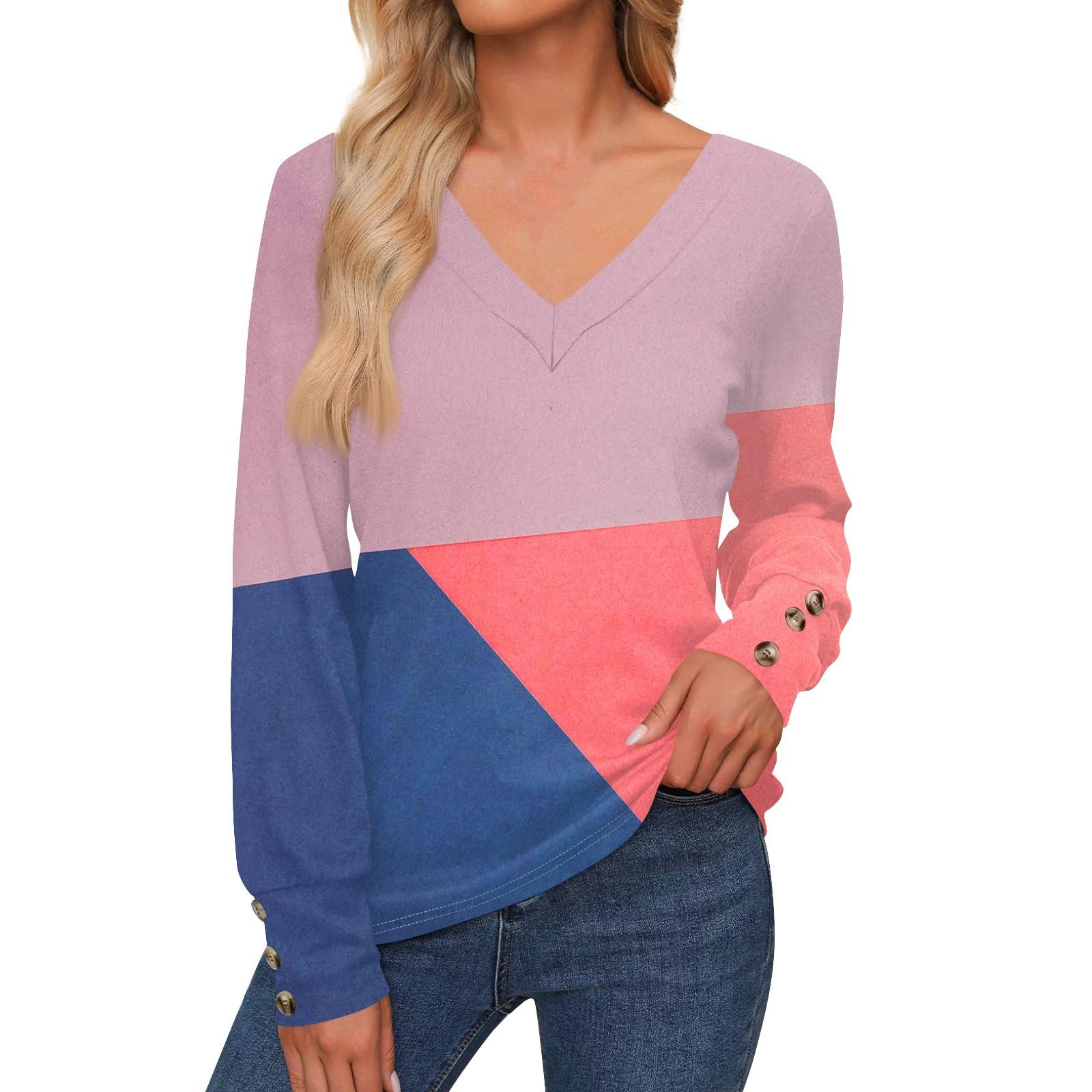 

Женская повседневная модная рубашка с длинными рукавами и манжетами на пуговицах, свободная футболка с V-образным вырезом, осенняя одежда M розовый