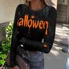 Women Casual Long Sleeve Ribbed Knit Top Halloween Print Round Neck Pullover Slim Fit Stretchy Lightweight Shirt for Fall