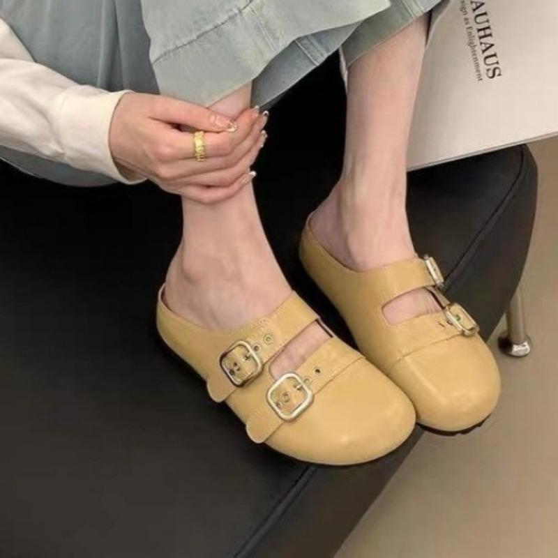 Fashion Spring Baotou Slippers for Women Round Head Shallow Mouth Rivet Metal Buckle Soft Soled Non-slip Wear-resistant Flat Shoes