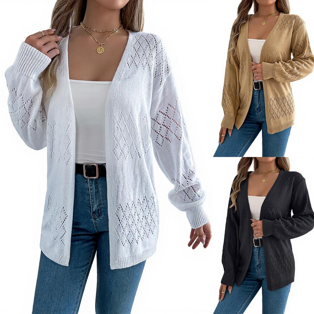 Women's Casual Solid Color Hollow  Long Sleeve Cardigan Mid-Length Sweater Jacket