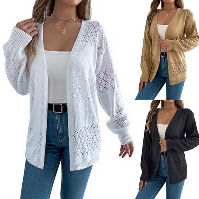 Women's Casual Solid Color Hollow  Long Sleeve Cardigan Mid-Length Sweater Jacket