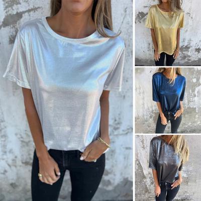 Lady Sommer Top Rundhals Kurzarm Pullover Bluse glänzende Oberfläche reine Farbe