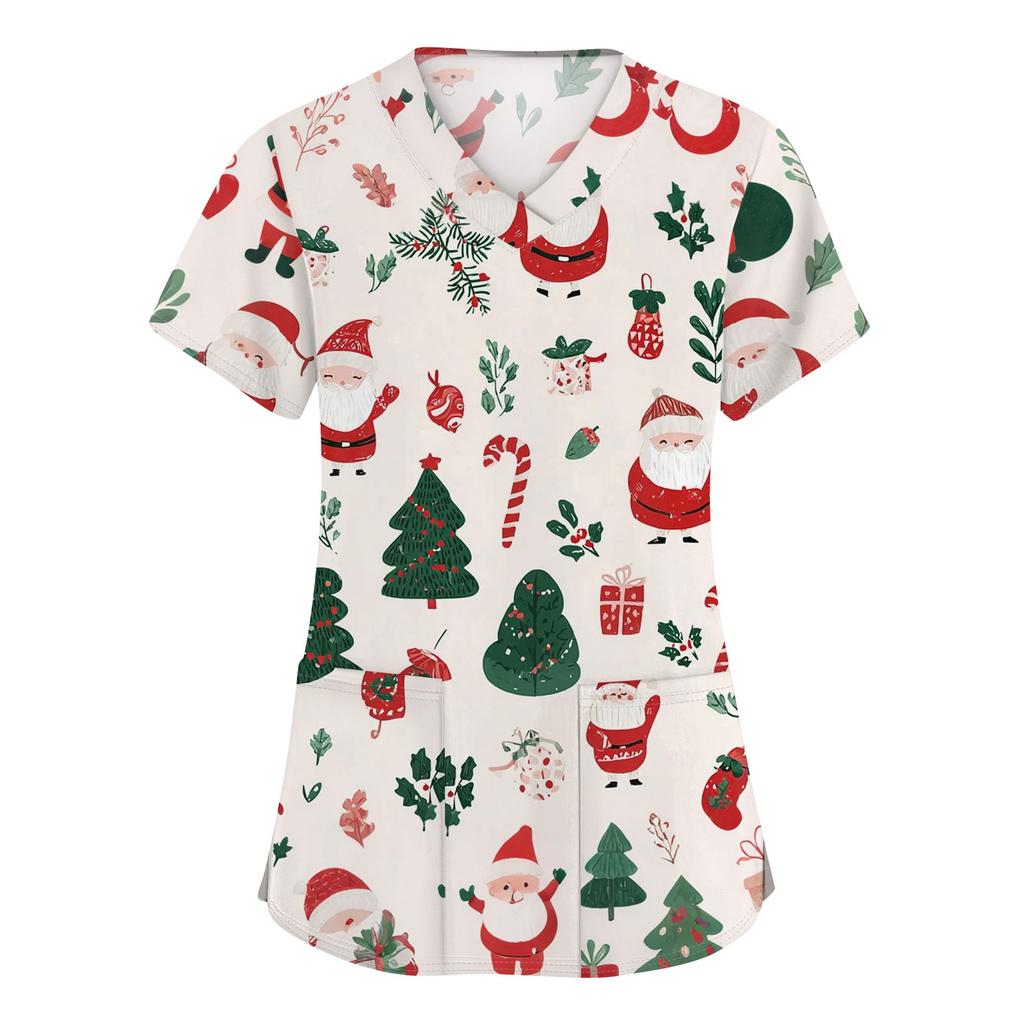 Women's Fashion V-neck Short Sleeve Workwear With Pockets Christmas Printed Tops
