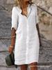 Loose Lapel Button Mid-Sleeve Solid Color Cotton Linen Shirt Dress