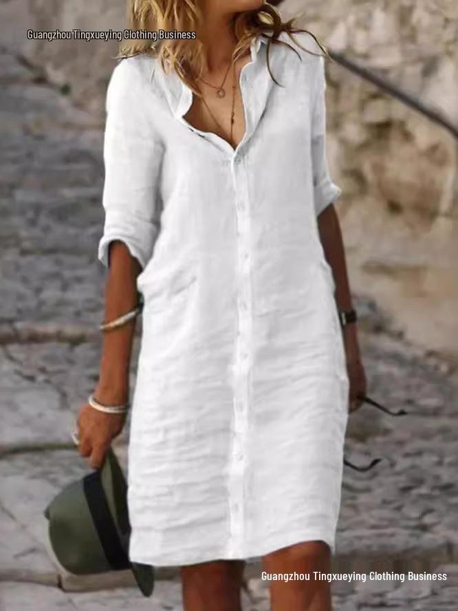 Loose Lapel Button Mid-Sleeve Solid Color Cotton Linen Shirt Dress