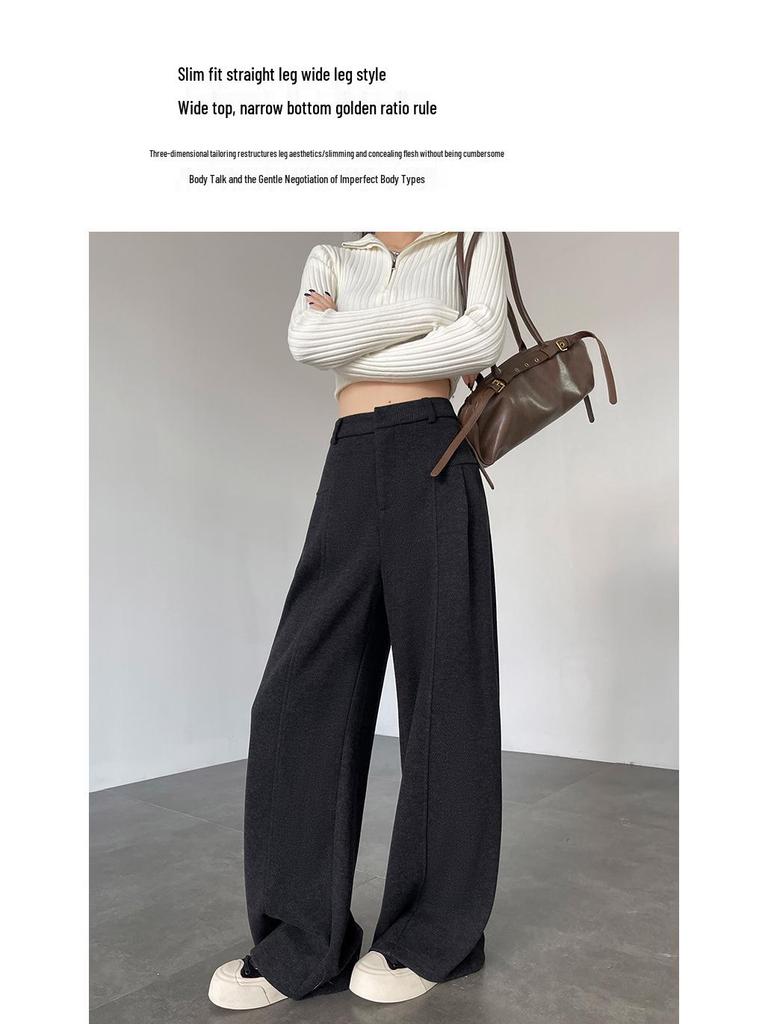 Aixuan Off-White Wool Wide-Leg Casual Pants - Women's High-End Straight-Leg Draped Pants for Autumn 2025