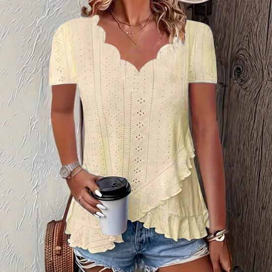 Women Tops V-Neck Short Sleeve Jacquard Decoration Pure Color Loose Fit Pullover Tops Work Party Vacation Casual