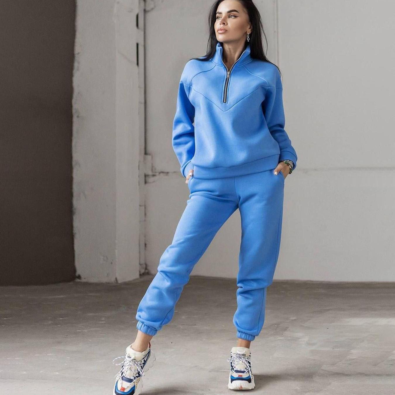 Женский однотонный длинный рукав воротник-стойка толстовка костюм осень зима свободный — фото 13