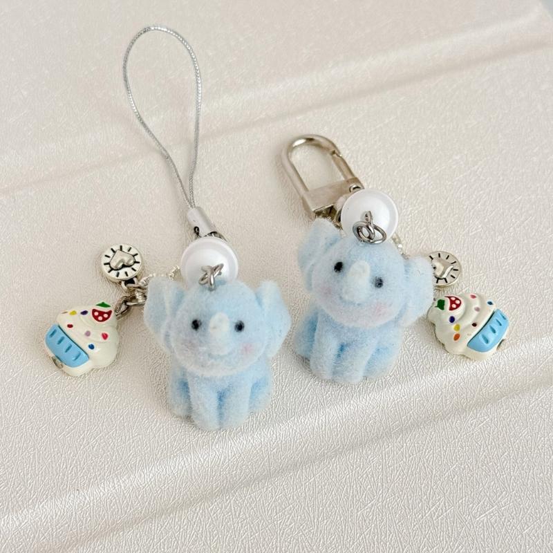 Soft Flocking Blue Elephant Keychain Lovely Animal Designs Sturdy Keyring for Kids Adults