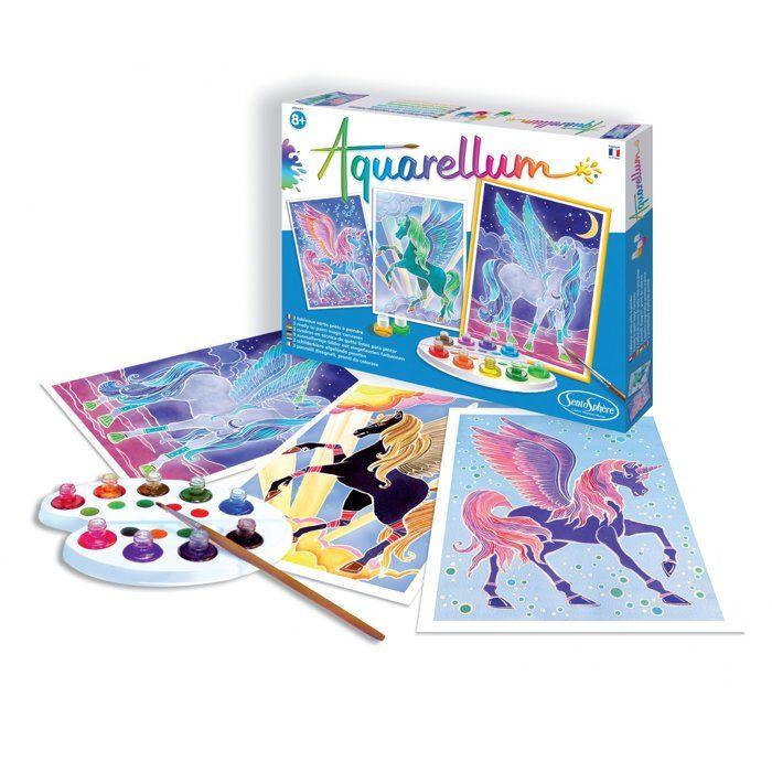Peinture aquerelle - SENTOSPHERE - Aquarellum - Pégases - 9 couleurs - 3 tableaux - Sertissage sur papier Vélin - Des 7 ans