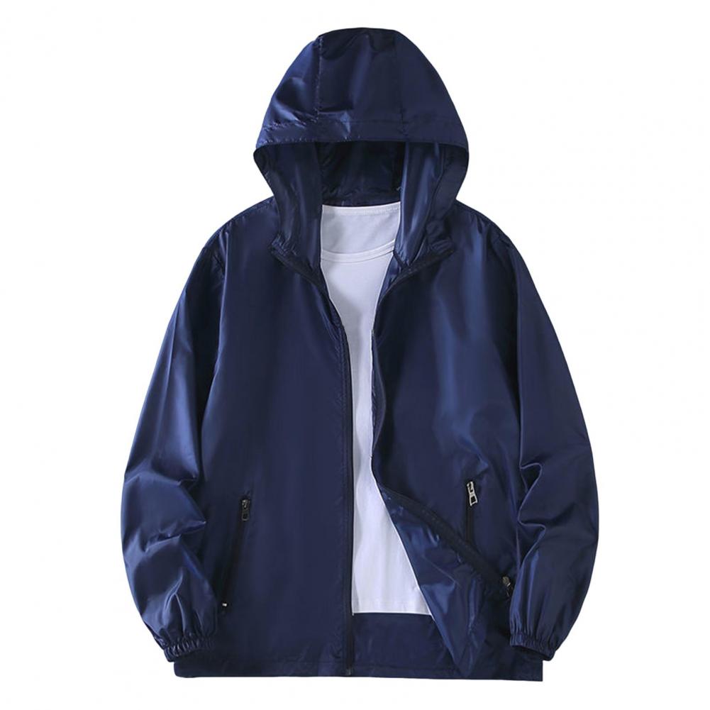 Men Summer Sun Coat Hooded Long Sleeve Zipper Placket Anti UV Jacket with Pockets Solid Color Outdoor Ice Silk Outwea