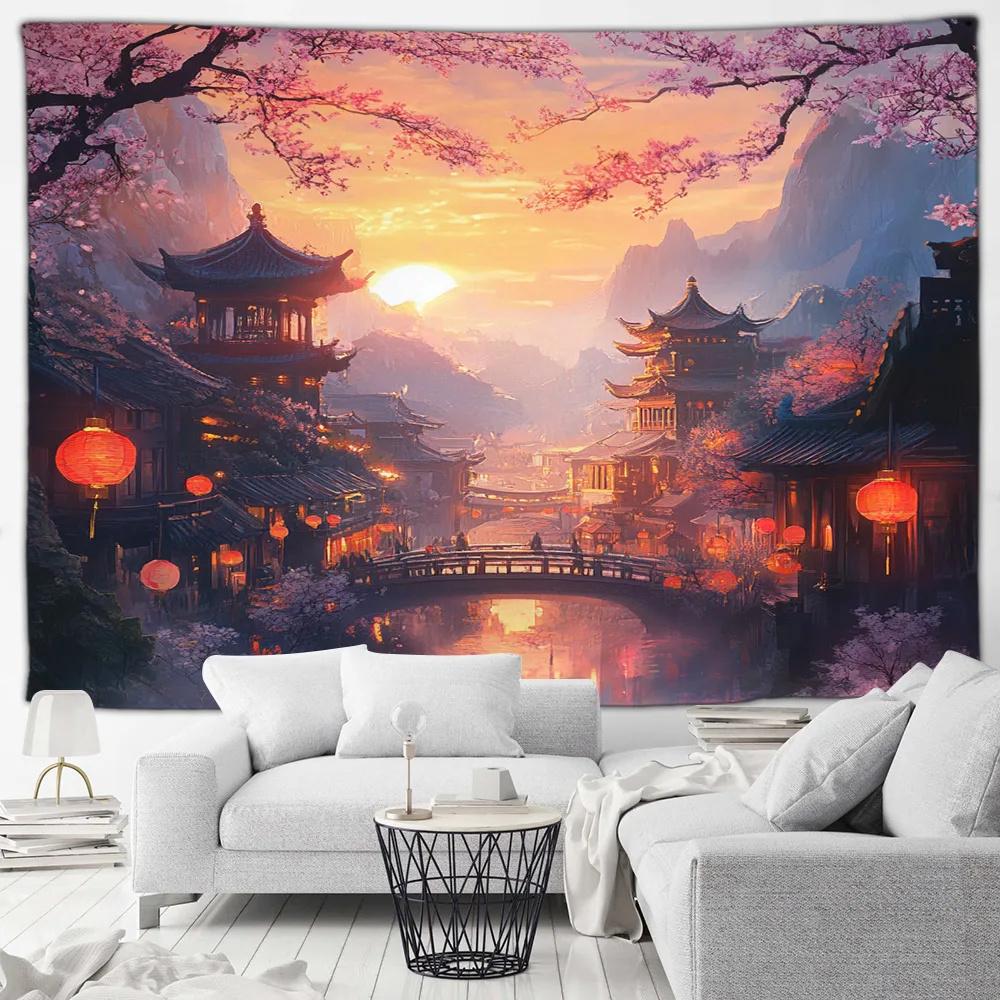 Japanese Scenery Tapestry Cherry Blossom Flowers Misty Landscape Chinese Style Wall Hanging Art Decoration Home Decor Background