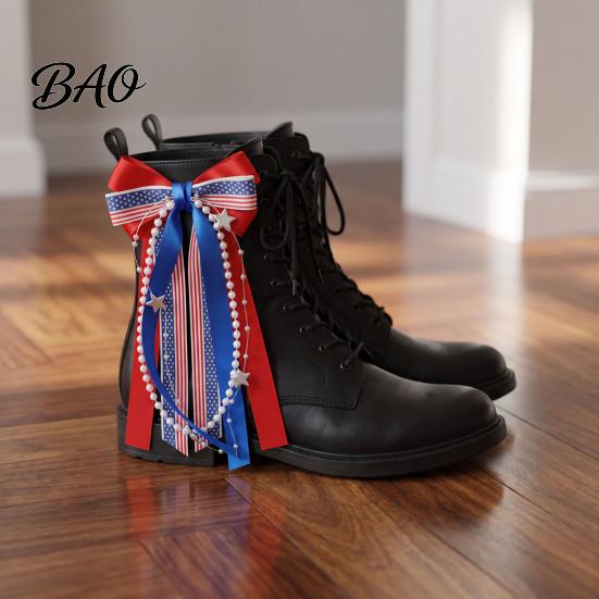 Lace Bows for Shoes 2Pcs Ribbon Bow Boot Charms, Patriotic Cowboy Charms with Lace, Festival Wear Accessories Plaid Striped Women Cowgirl Western