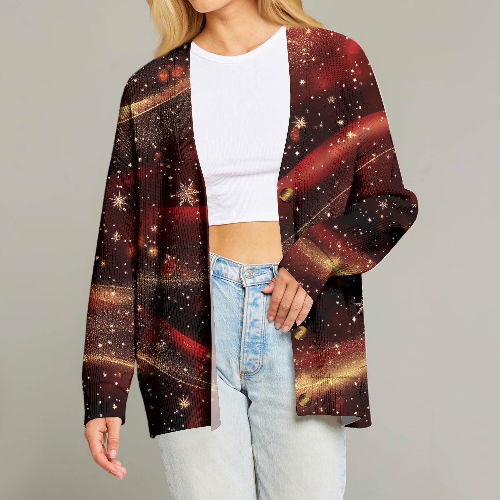 

Женский модный кардиган с длинным рукавом, V-образным вырезом, на пуговицах, свободного кроя, с рождественским принтом M винный