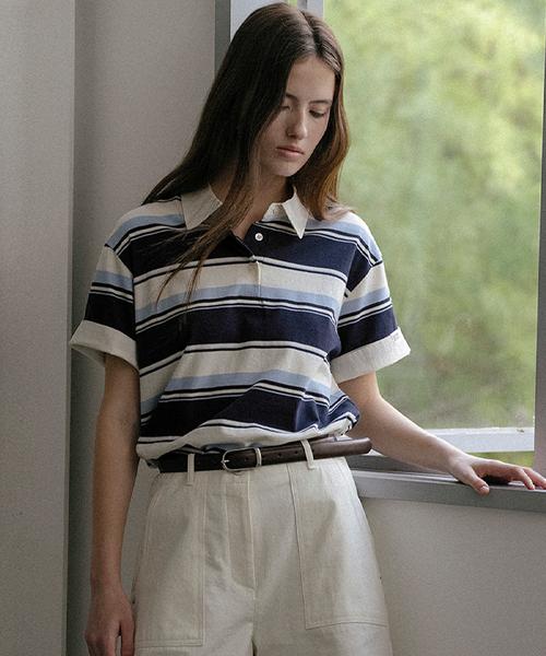 Nounbeleo Bold Stripe Roll-Up Label Half Collar T-Shirt_Blue