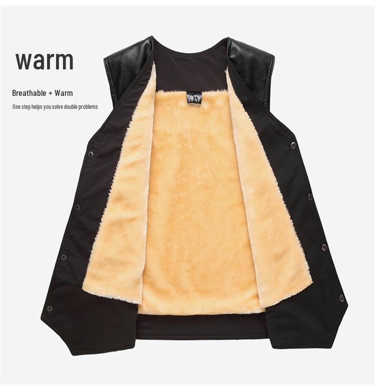 Men's Winter Leather Vest with Sloping Shoulder and Plus Velvet, Casual Warm Plus Size Waistcoat