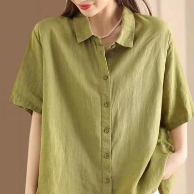 Cotton Linen Mid Sleeved Shirt Women Summer Fashion Simple Solid Color Top Loose Artistic Retro Collar Blouses