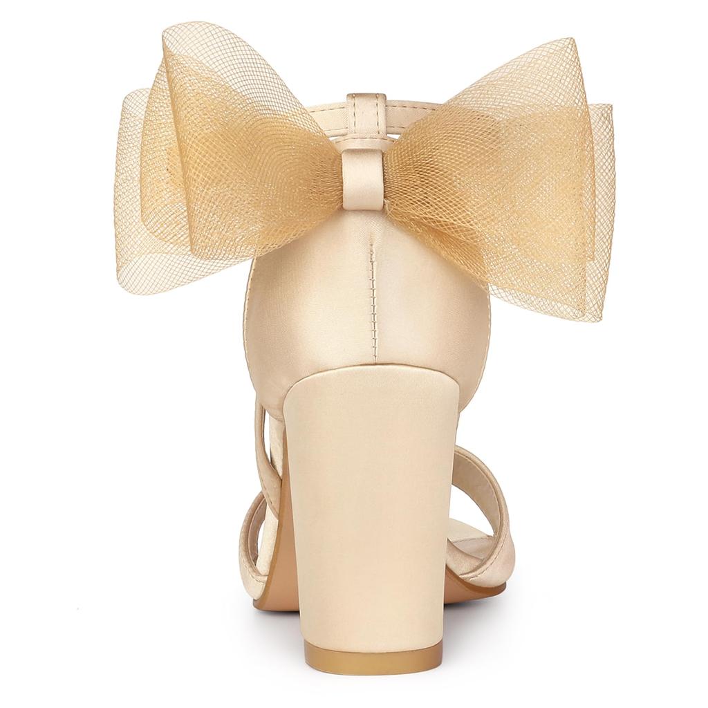 Allegra K Women's Mesh Bow Ankle Strap Open Toe Chunky Heel Sandals, Champagne, Size 23.5cm