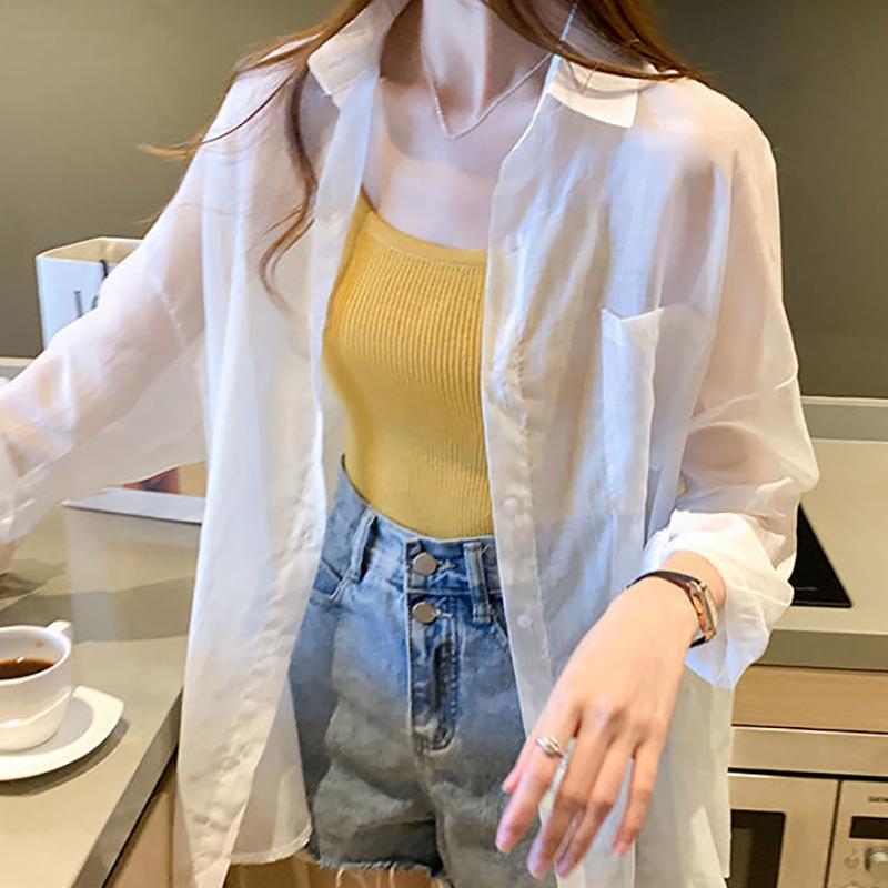 Polo Collar Thin Chiffon Shirt Single Breasted Cardigan Women's Loose Sun Protection Clothing Solid Color Simple Casual Summer