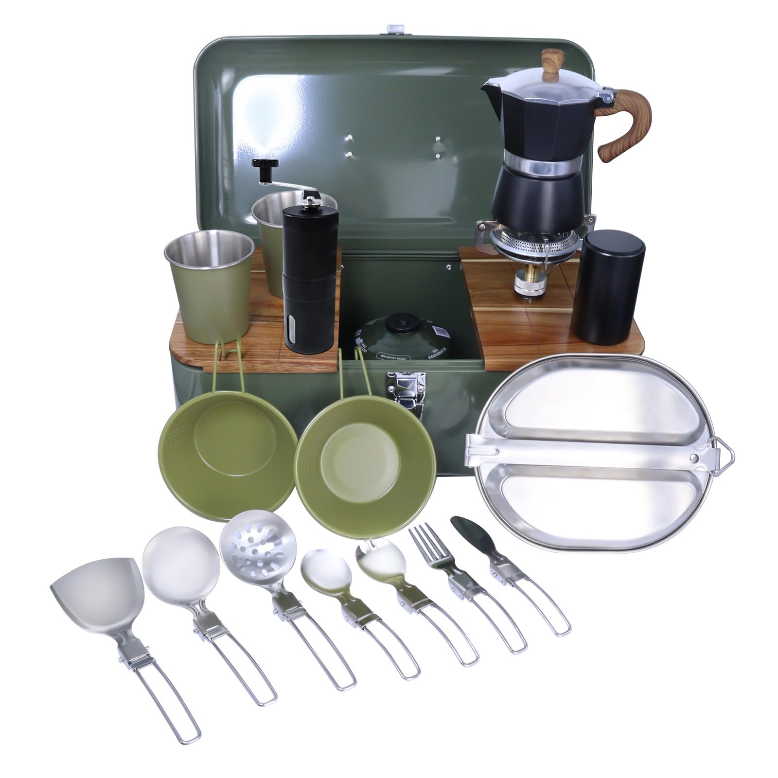 

SOTECH Camping Cookware Stovetop Espresso Maker with Moka Portable Stainless Steel Folding Dishware for 2 People Set, Pot, (Wooden Table)