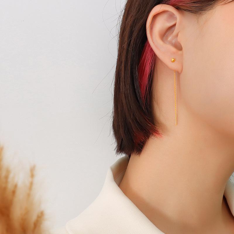18K Gold Plated Titanium Steel Long Bar Threader Earrings for Women - European & American Chic, Non-Fading