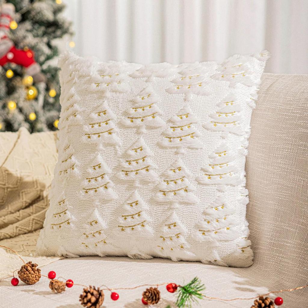 Christmas Tree Fleece Cushion Cover with Star Embroidery - Holiday Sofa Decoration Pillow Cover