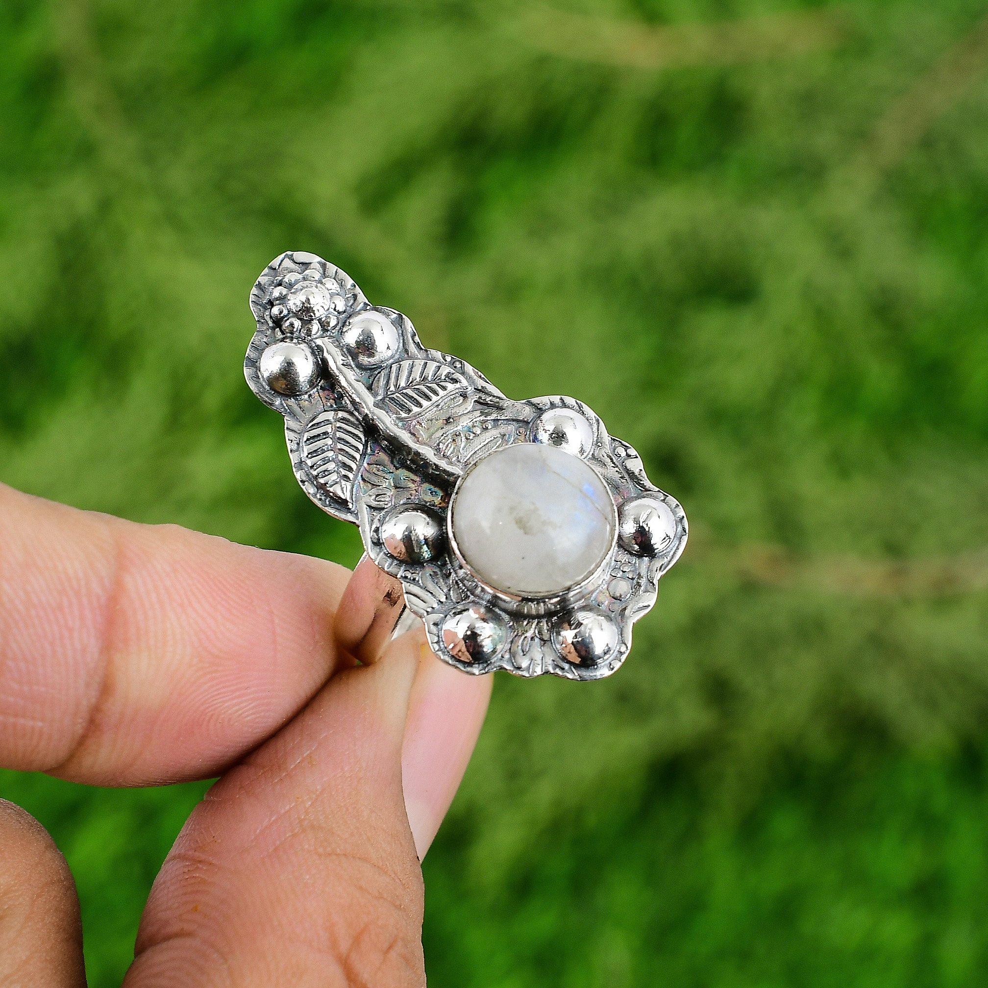 

925 Sterling Silver Natural Rainbow Moonstone Flower Promise Sister Ring Jewelry Adjustable