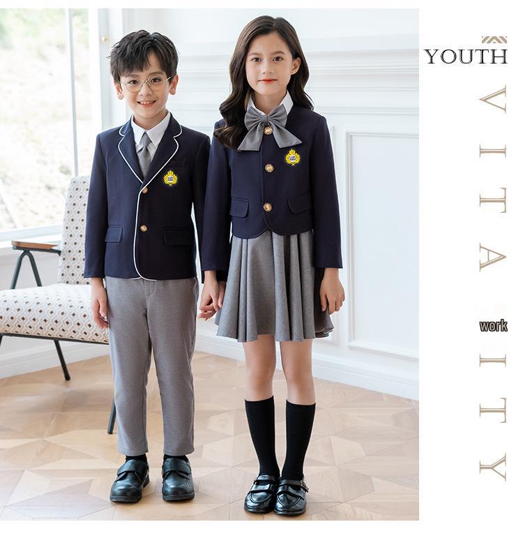 Children's Academy Style Formal White Shirt & Navy Jacket Suit Set for Elementary School Girls