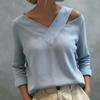 Women T-shirt V-Neck Off Shoulder Long Sleeve Pullover Tops Pure Color Loose Fit Summer Casual Shirt Daily