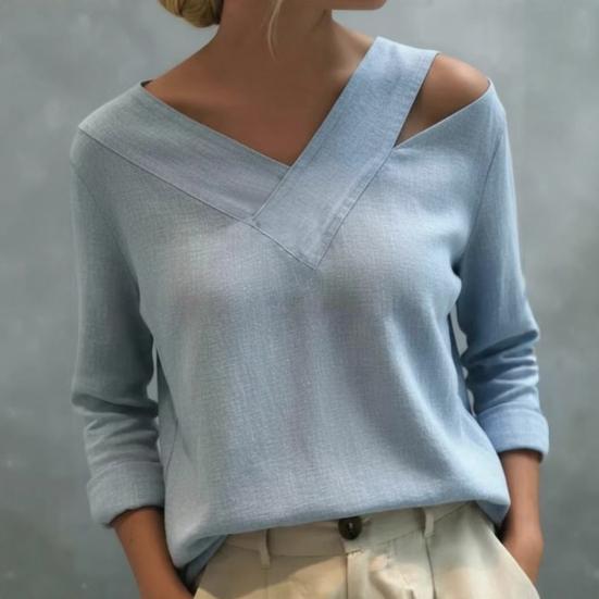 Women T-shirt V-Neck Off Shoulder Long Sleeve Pullover Tops Pure Color Loose Fit Summer Casual Shirt Daily