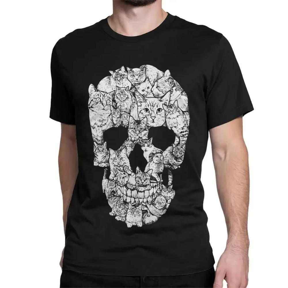 Men Tee Shirt O Neck T Shirts 4XL Tops Cat Skull Halloween Death Horror Scary Kitten Goth Gothic Punk Skeleton T-Shirts