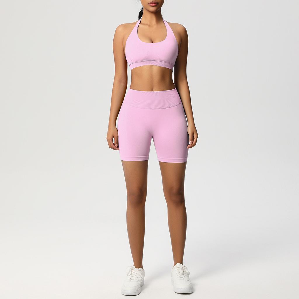 Seamless Beautiful Back Halter Sports Bra Shorts Yoga Suit Tight Running Fitness Two-piece Set