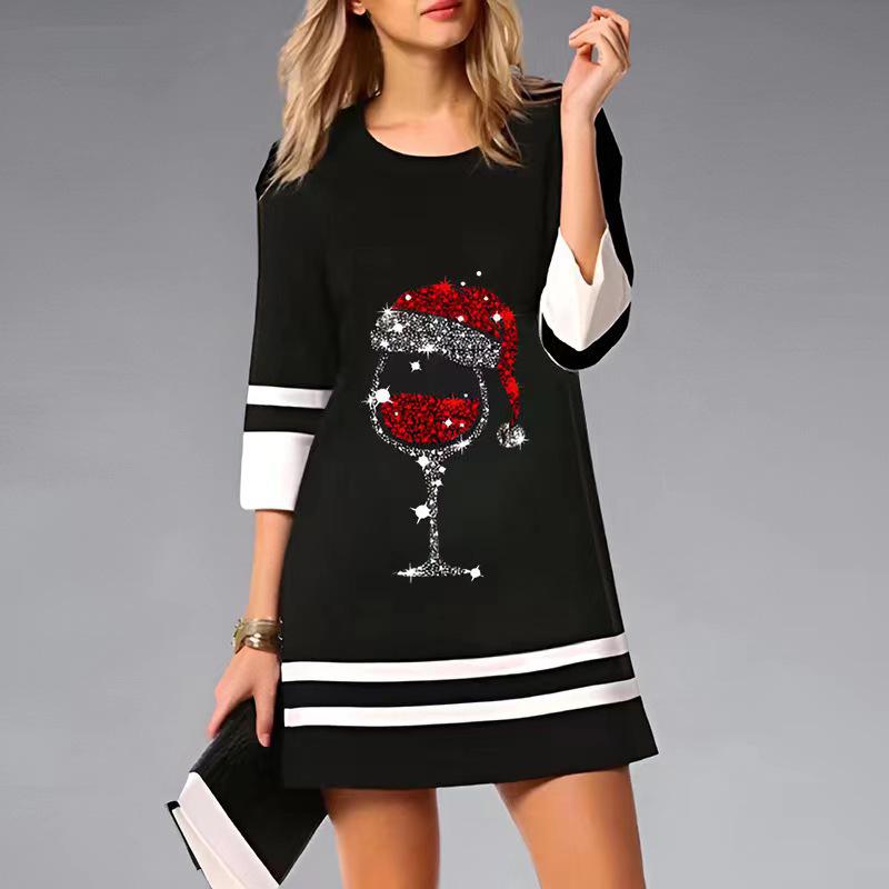 2026 Women's Christmas Print 3/4 Sleeve Mini Dress
