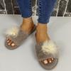 Fashion Light Open Toe Cotton Slippers for Women Elegant Pearls Detor Indoor Cotton Slippers Woman Soft Faux Fur Flats Plush Slides Lady