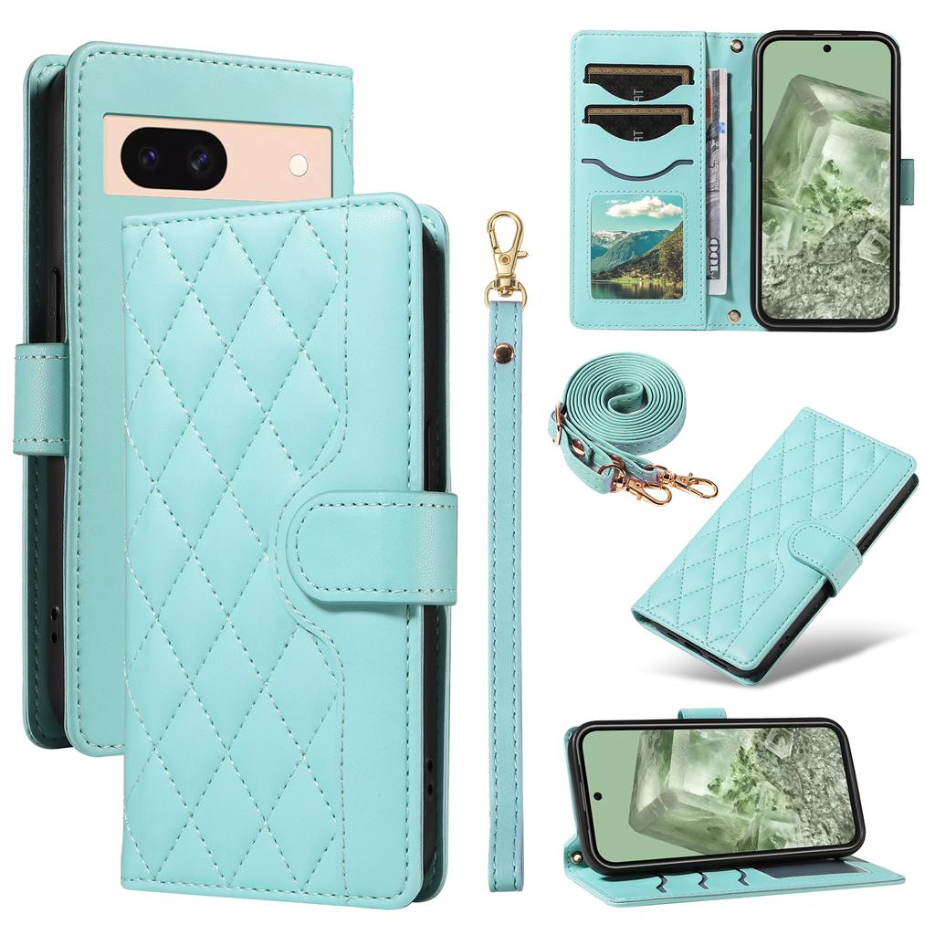 For Google Pixel 8a Case Wallet Rhombus Leather Phone Cover with Shoulder Strap,Wrist Strap