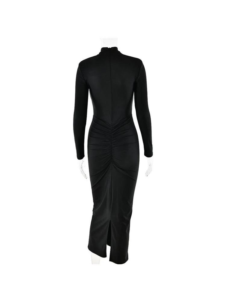 Hollow Out Long Sleeve Sexy Maxi Dress For Women Gown Autumn Winter New Metal Buckle Ruched Slit Long Dress Elegant