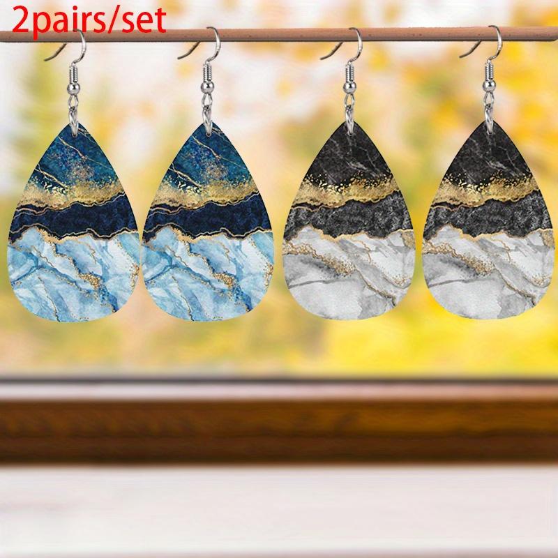 Creative Marble Pattern PU Leather Earrings for Women Abstract Beach Ocean Pattern Tears Earrings Double-sided Pattern Design Lightweight Earrings
