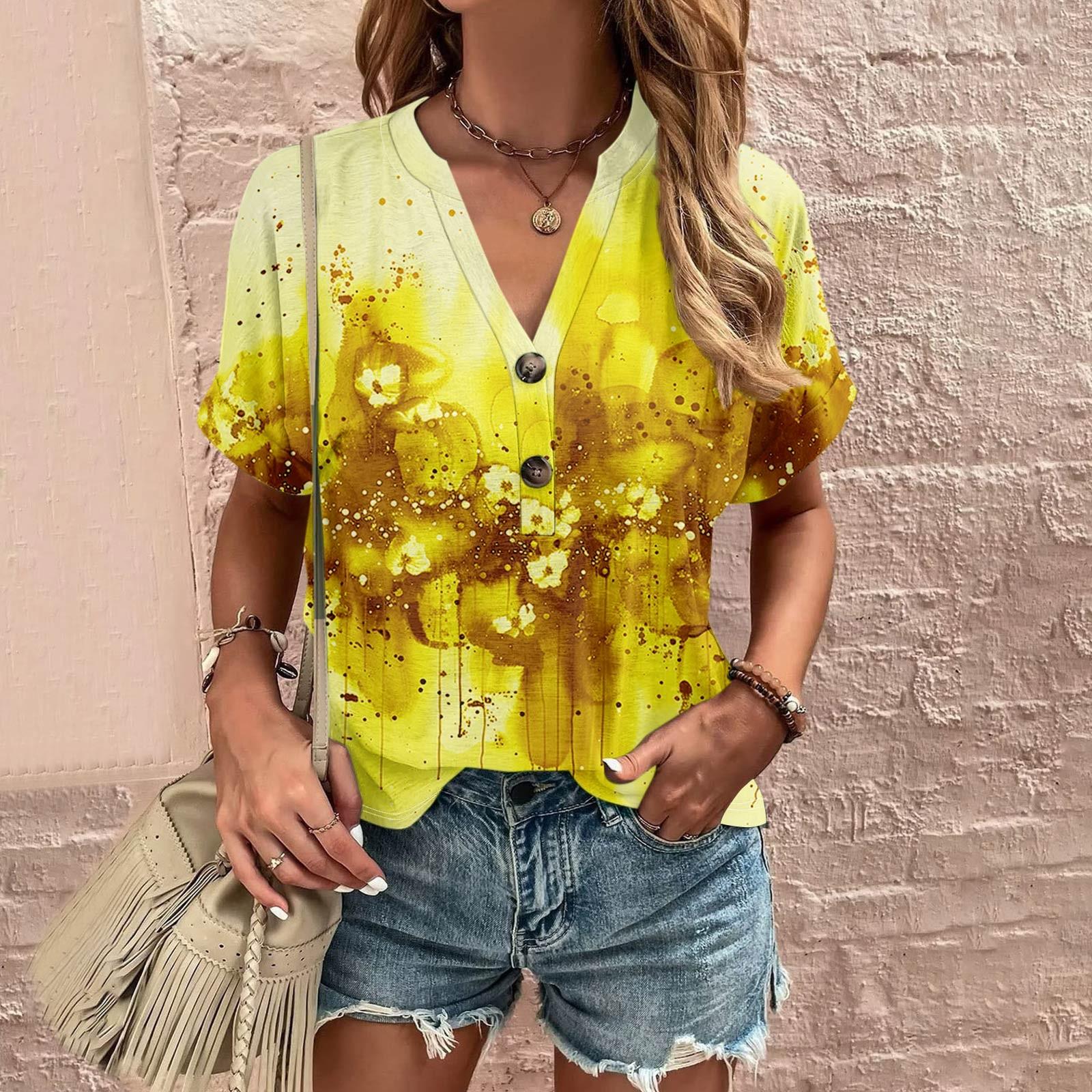 

Жіноча сорочкова блуза на ґудзиках, вінтажний повсякденний пуловер з короткими рукавами та принтом XL жовтий