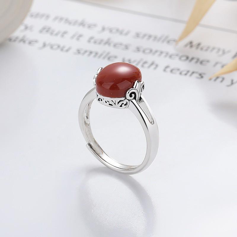 Adjustable Open Ring Women Men With Double Oval Red Agate Gemstone Vintage Chinese Style Statement Jewelry