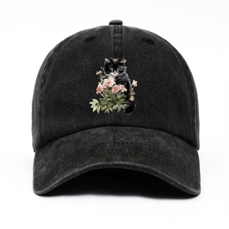 Kitten with Pink Flowers Print Baseball Cap Casual Adjustable Cotton Outdoor Hat Unisex Cap